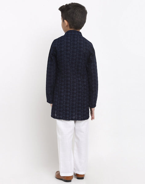 Lucknowi Chikankari Cotton Kurta Pajama Set For Boys/Kids By Luxury at Less|Navy Blue| Kurta Pajama Set