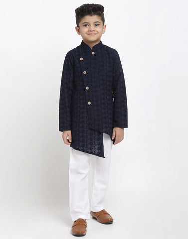 Lucknowi Chikankari Cotton Kurta Pajama Set For Boys/Kids By Luxury at Less|Navy Blue| Kurta Pajama Set