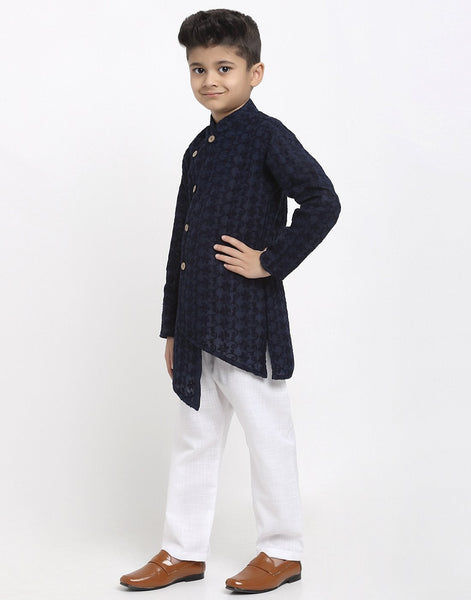 Lucknowi Chikankari Cotton Kurta Pajama Set For Boys/Kids By Luxury at Less|Navy Blue| Kurta Pajama Set