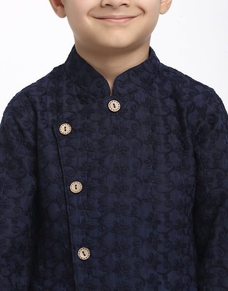 Lucknowi Chikankari Cotton Kurta Pajama Set For Boys/Kids By Luxury at Less|Navy Blue| Kurta Pajama Set