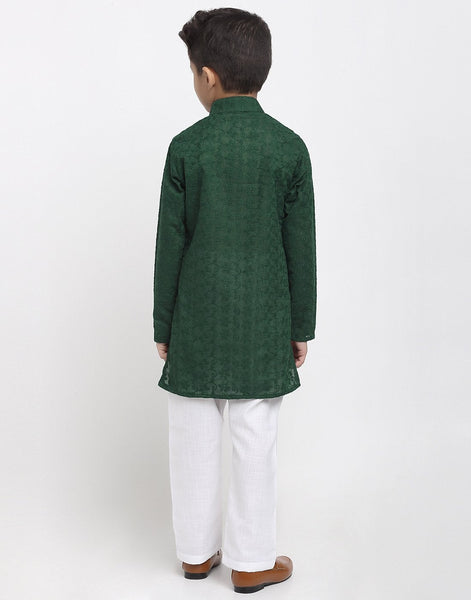 Lucknowi Chikankari Cotton Kurta Pajama Set For Boys/Kids By Luxury at Less|Green| Kurta Pajama Set