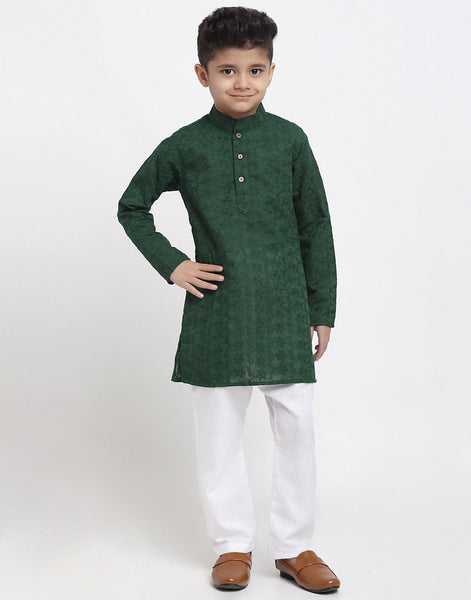 Lucknowi Chikankari Cotton Kurta Pajama Set For Boys/Kids By Luxury at Less|Green| Kurta Pajama Set