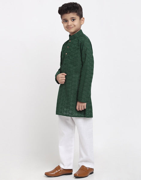 Lucknowi Chikankari Cotton Kurta Pajama Set For Boys/Kids By Luxury at Less|Green| Kurta Pajama Set