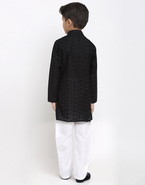 Lucknowi Chikankari Cotton Kurta Pajama Set For Boys/Kids By Luxury at Less|Black| Kurta Pajama Set