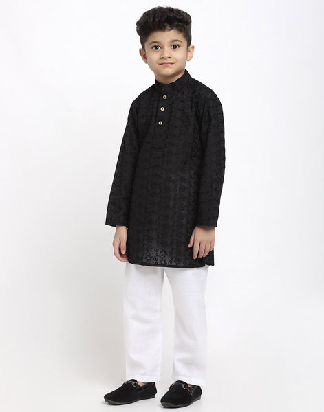 Lucknowi Chikankari Cotton Kurta Pajama Set For Boys/Kids By Luxury at Less|Black| Kurta Pajama Set