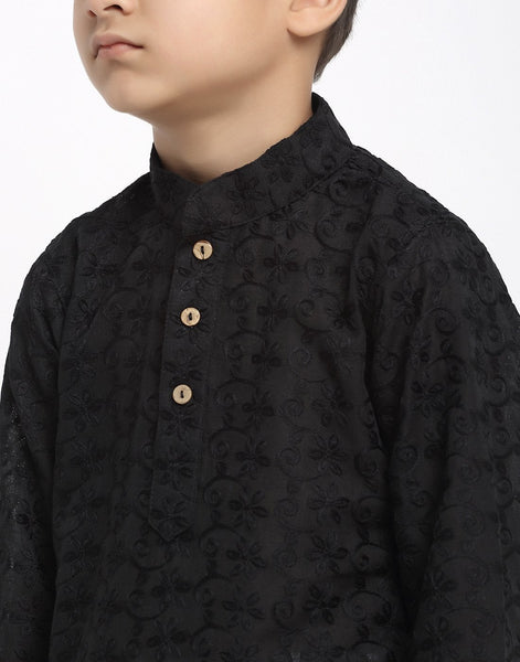 Lucknowi Chikankari Cotton Kurta Pajama Set For Boys/Kids By Luxury at Less|Black| Kurta Pajama Set