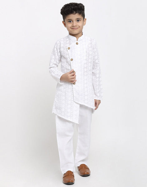 Lucknowi Chikankari Cotton Kurta Pajama Set For Boys/Kids By Luxury at Less|White| Kurta Pajama Set