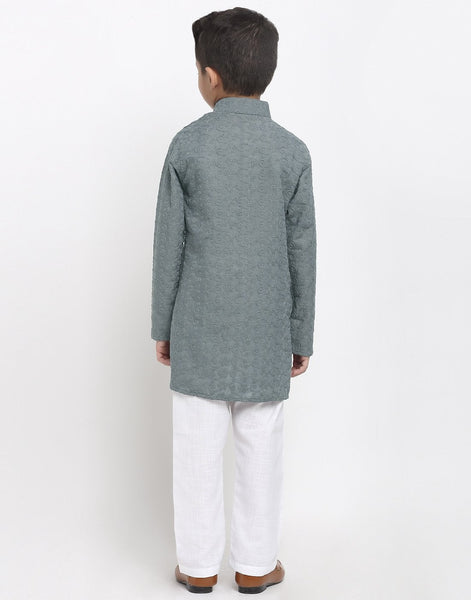 Lucknowi Chikankari Cotton Kurta Pajama Set For Boys/Kids By Luxury at Less|Grey| Kurta Pajama Set