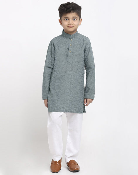 Lucknowi Chikankari Cotton Kurta Pajama Set For Boys/Kids By Luxury at Less|Grey| Kurta Pajama Set