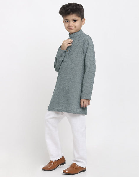 Lucknowi Chikankari Cotton Kurta Pajama Set For Boys/Kids By Luxury at Less|Grey| Kurta Pajama Set