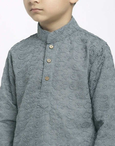 Lucknowi Chikankari Cotton Kurta Pajama Set For Boys/Kids By Luxury at Less|Grey| Kurta Pajama Set