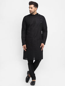 Embroidered Cotton Chikankari Black Kurta With Churidar Pajama by Luxury at Less