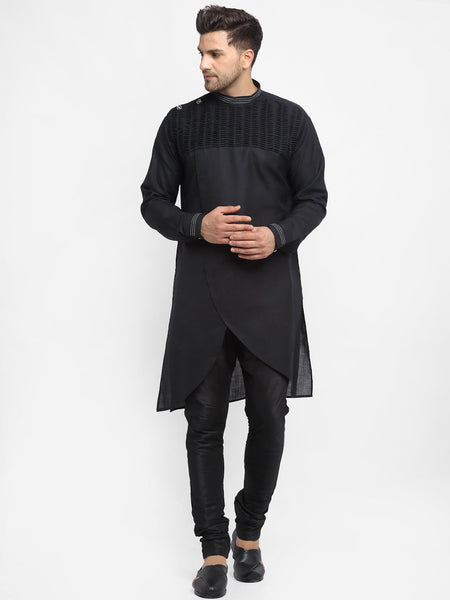 Black Solid Linen Kurta With Churidar Pajama For Men By Luxury at Less