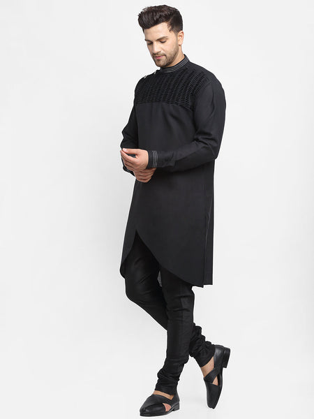 Black Solid Linen Kurta With Churidar Pajama For Men By Luxury at Less