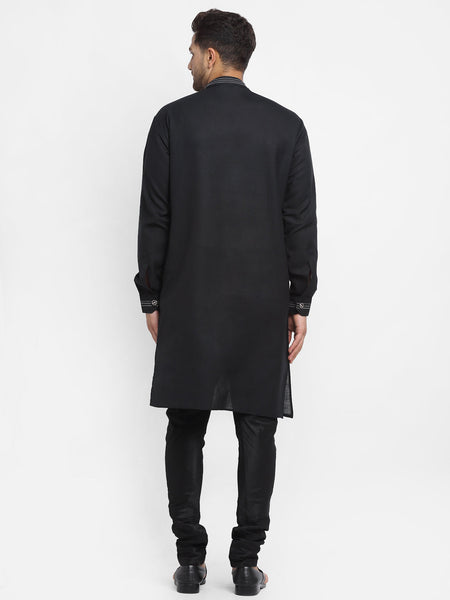 Black Solid Linen Kurta With Churidar Pajama For Men By Luxury at Less