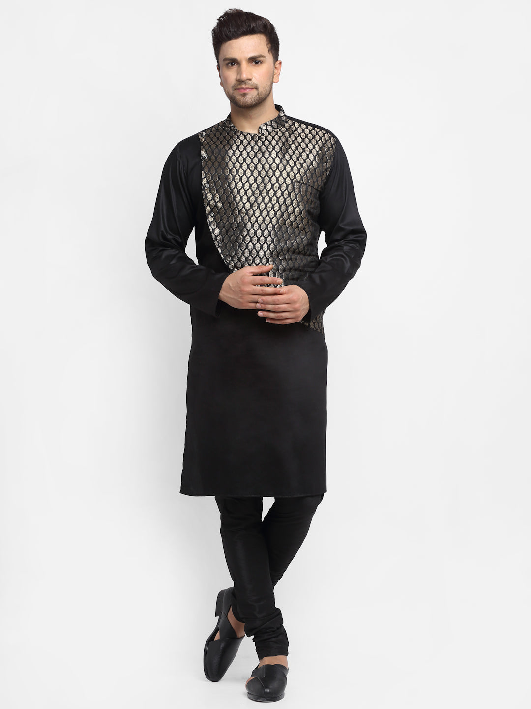 Ethinic Brocade Silk Black Kurta With Churidar Pajama For Men By Luxury at Less