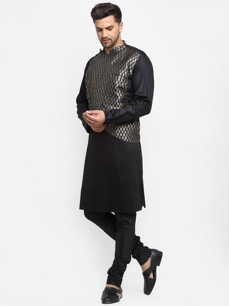 Ethinic Brocade Silk Black Kurta With Churidar Pajama For Men By Luxury at Less