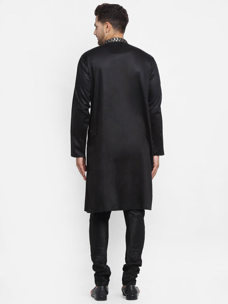 Ethinic Brocade Silk Black Kurta With Churidar Pajama For Men By Luxury at Less