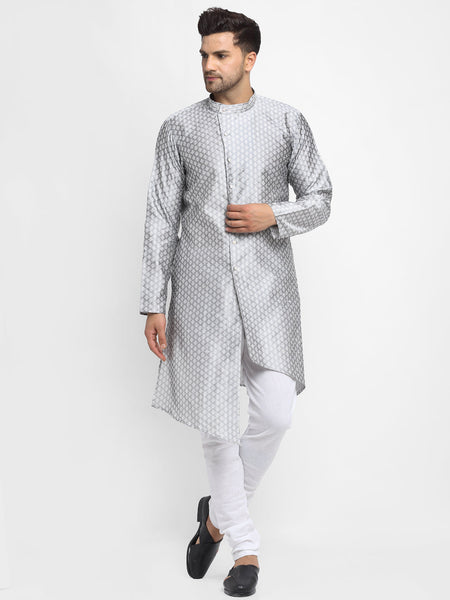 Embellished Brocade Grey Kurta With Churidar Pajama Set For Men By Luxury at Less