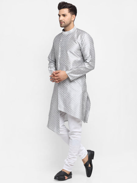 Embellished Brocade Grey Kurta With Churidar Pajama Set For Men By Luxury at Less