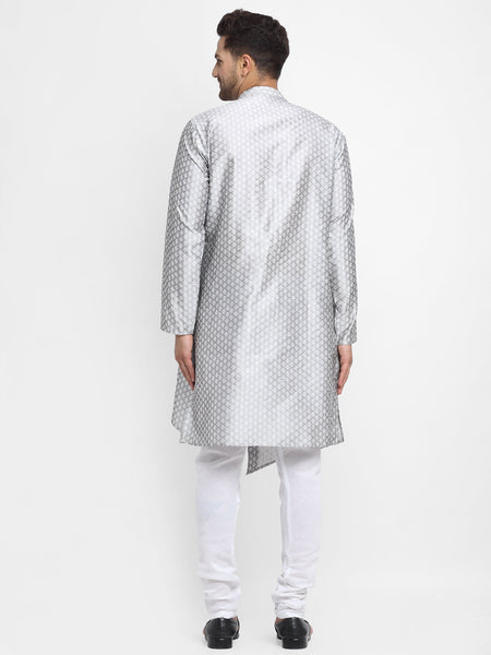 Embellished Brocade Grey Kurta With Churidar Pajama Set For Men By Luxury at Less