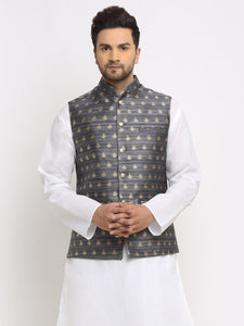 New Designer Men Dark Grey and Golden Brocade Nehru Jacket With Golden Work By Luxury at Less