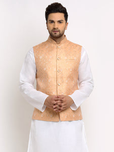 New Designer Men Peach Brocade Nehru Jacket With Golden Work By Luxury at Less