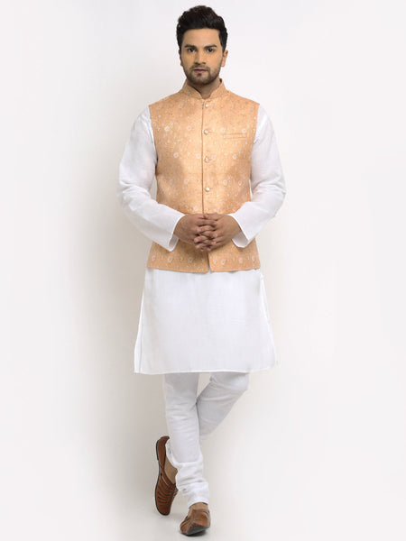 New Designer Men Peach Brocade Nehru Jacket With Golden Work By Luxury at Less