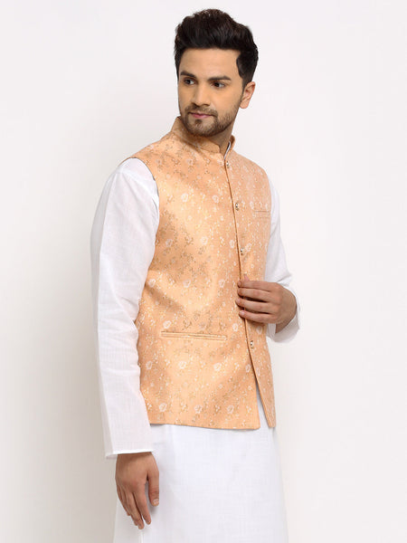 New Designer Men Peach Brocade Nehru Jacket With Golden Work By Luxury at Less