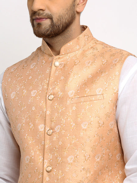 New Designer Men Peach Brocade Nehru Jacket With Golden Work By Luxury at Less