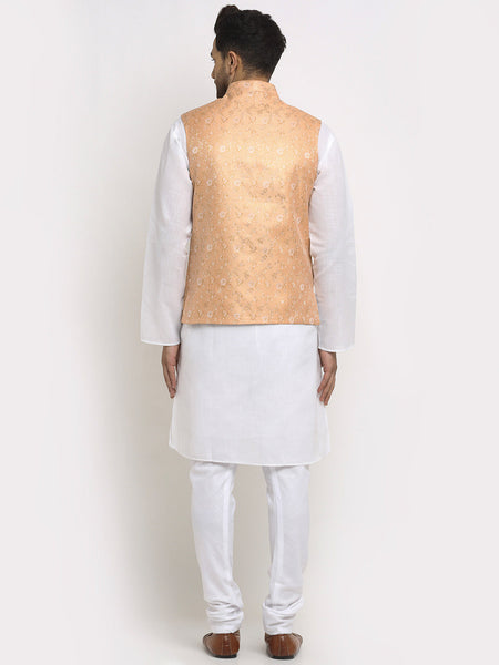 New Designer Men Peach Brocade Nehru Jacket With Golden Work By Luxury at Less