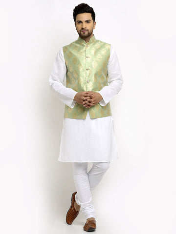 New Designer Men Tea  Green Brocade Nehru Jacket With Golden Work By Luxury at Less