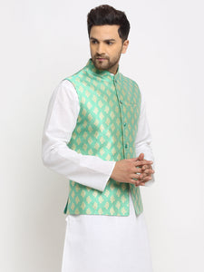 New Designer Men Aqua Green Brocade Nehru Jacket With Golden Work By Luxury at Less