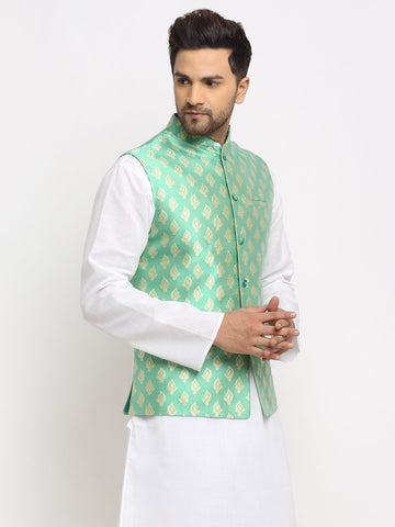 New Designer Men Aqua Green Brocade Nehru Jacket With Golden Work By Luxury at Less