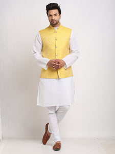 Luxury at Less Ethnic Plain White Kurta Pajama With Brocade Yellow Nehru Jacket For Men