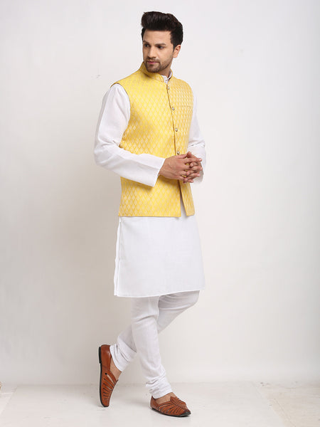 Luxury at Less Ethnic Plain White Kurta Pajama With Brocade Yellow Nehru Jacket For Men