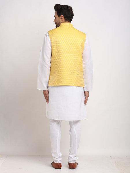 Luxury at Less Ethnic Plain White Kurta Pajama With Brocade Yellow Nehru Jacket For Men