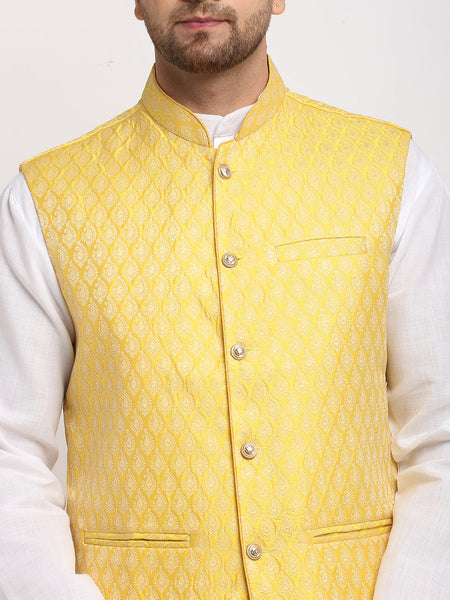 Luxury at Less Ethnic Plain White Kurta Pajama With Brocade Yellow Nehru Jacket For Men