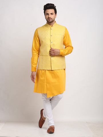 Luxury at Less Ethnic Cotton Blend Yellow Kurta Pajama With Brocade Yellow Nehru Jacket For Men