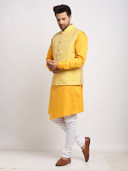 Luxury at Less Ethnic Cotton Blend Yellow Kurta Pajama With Brocade Yellow Nehru Jacket For Men