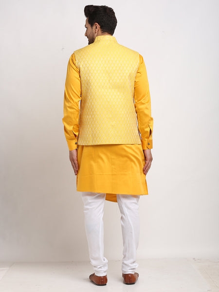 Luxury at Less Ethnic Cotton Blend Yellow Kurta Pajama With Brocade Yellow Nehru Jacket For Men