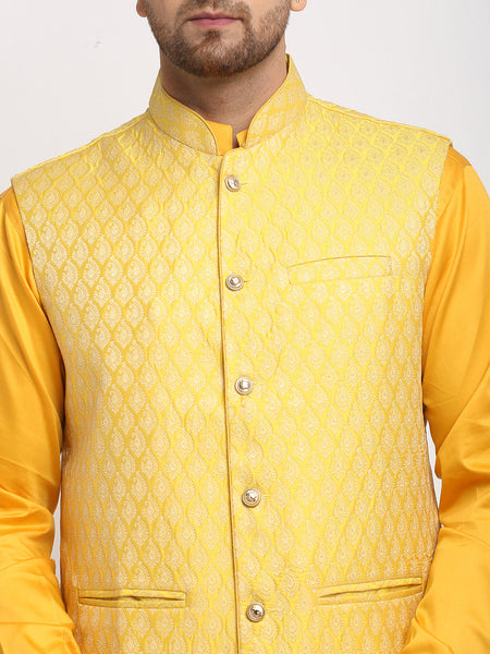 Luxury at Less Ethnic Cotton Blend Yellow Kurta Pajama With Brocade Yellow Nehru Jacket For Men