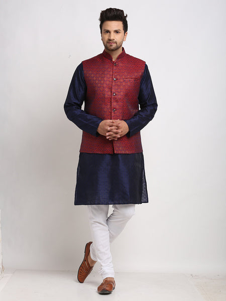 Luxury at Less Ethnic Brocade Navy Blue Kurta Pajama With Brocade Maroon Nehru Jacket For Men