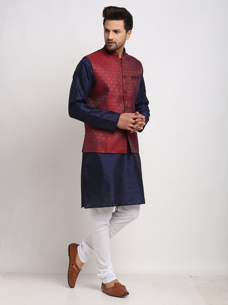 Luxury at Less Ethnic Brocade Navy Blue Kurta Pajama With Brocade Maroon Nehru Jacket For Men