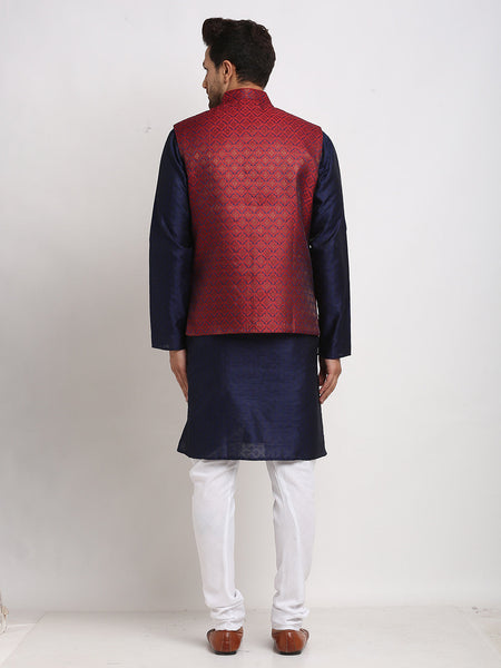 Luxury at Less Ethnic Brocade Navy Blue Kurta Pajama With Brocade Maroon Nehru Jacket For Men