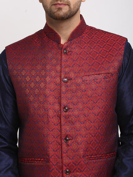 Luxury at Less Ethnic Brocade Navy Blue Kurta Pajama With Brocade Maroon Nehru Jacket For Men