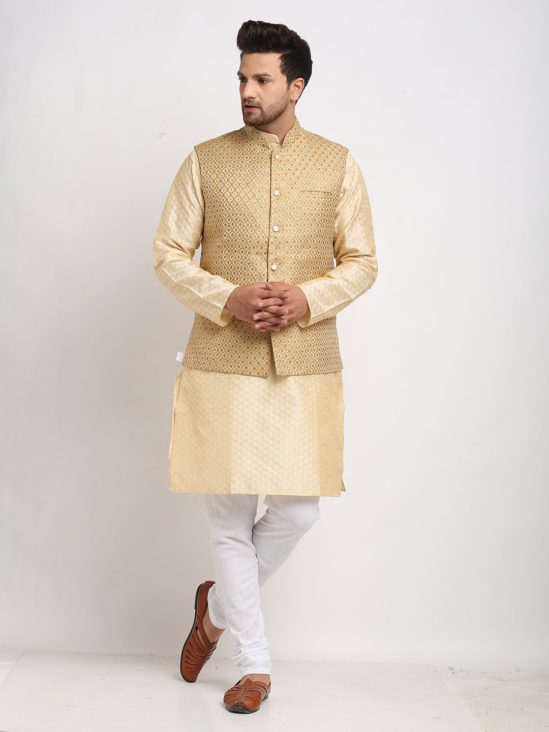 Luxury at Less Ethnic Brocade Beige Kurta Pajama With Brocade Golden Nehru Jacket For Men