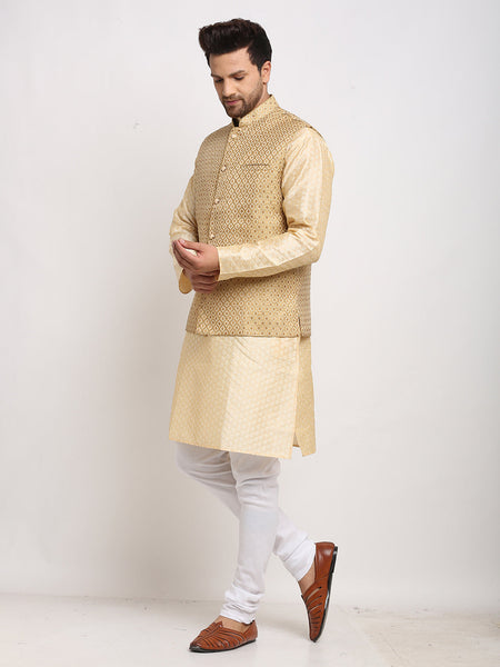 Luxury at Less Ethnic Brocade Beige Kurta Pajama With Brocade Golden Nehru Jacket For Men