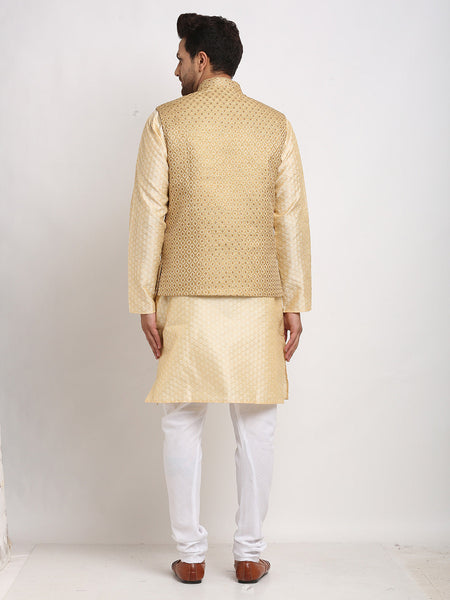 Luxury at Less Ethnic Brocade Beige Kurta Pajama With Brocade Golden Nehru Jacket For Men