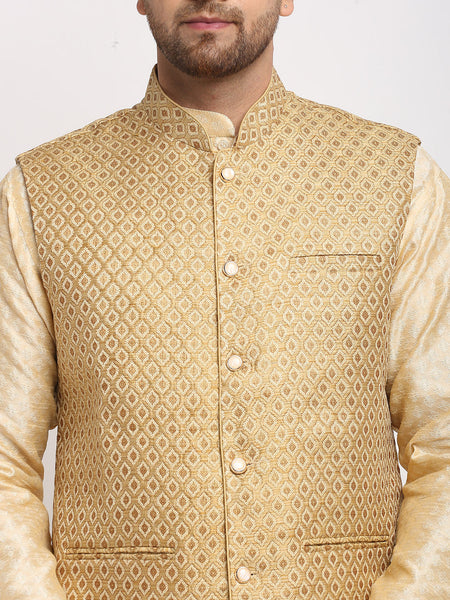 Luxury at Less Ethnic Brocade Beige Kurta Pajama With Brocade Golden Nehru Jacket For Men